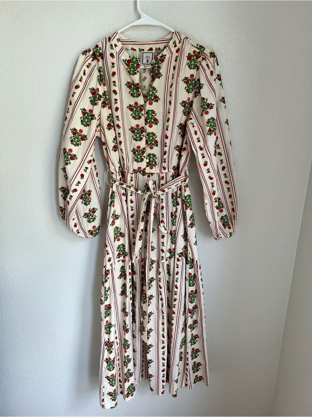 Block Print Cream Floral Stripe Maxi Dress with Green and Red Accents